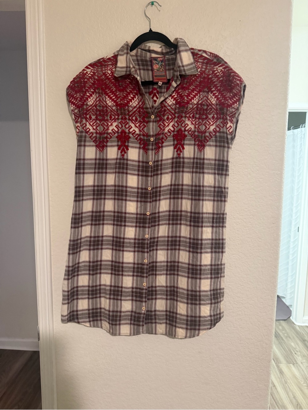Johnny Was Red Embroidered Yoke Plaid Button-Down Tunic